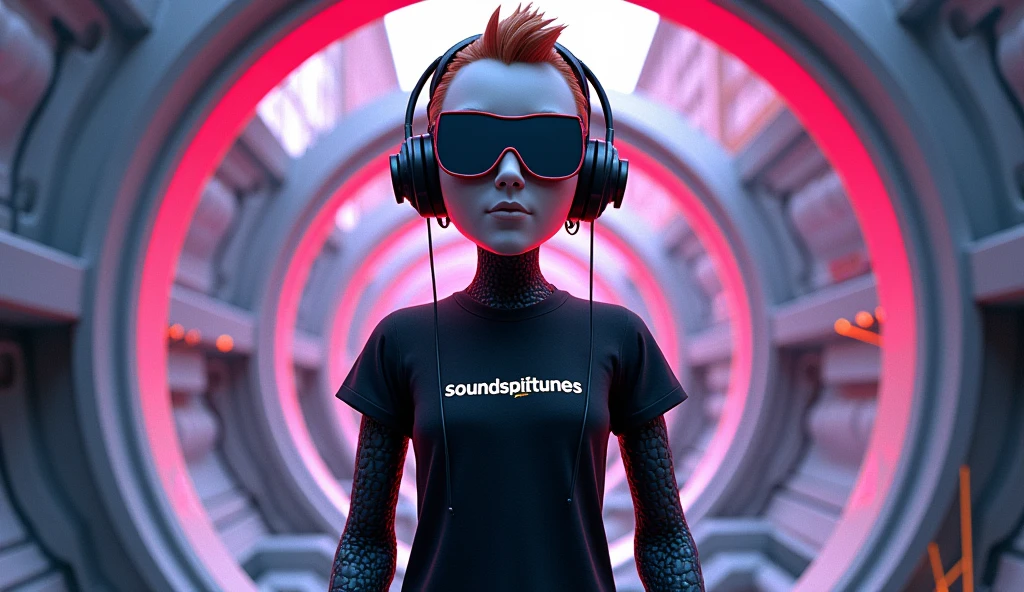 A rocker dome with sunglasses and a t-shirt black that says SoundSphereTunes