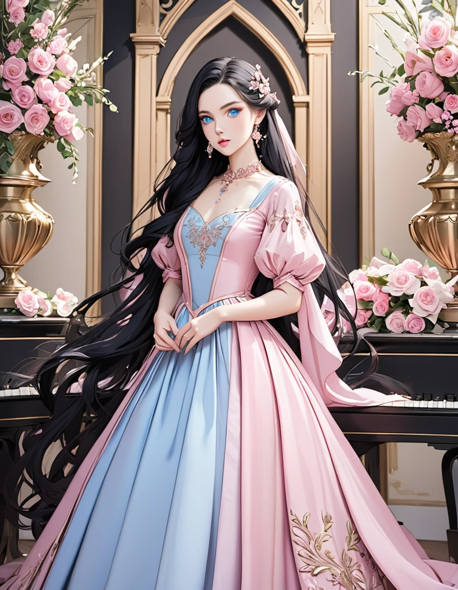 Beautiful woman with very long black hair, side-swept bangs, sparkling blue eyes, light pink lips, fair skin. Elegant but modest pink renaissance dress.