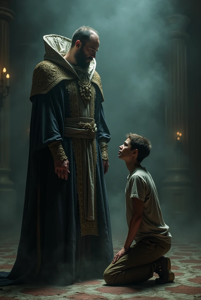 The Master’s Taunt:
Prompt: "In a dimly lit room, a cruel master in fine robes stands tall, looking down at a kneeling young man in tattered clothes. The master’s expression is harsh, while the young man remains calm, with a serene smile. Dark words like 'Nothing' and 'Slave' briefly hover above the young man, then fade away, symbolizing his resilience." Higher realistic
It is related to the previous man face image