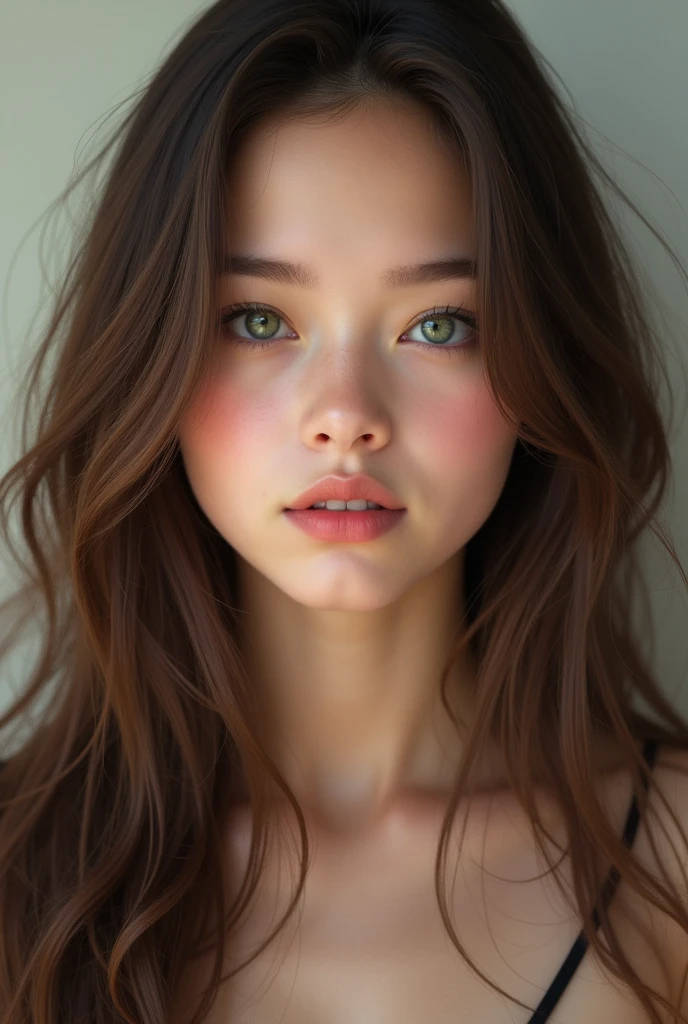 a 15 teenage girl, straight and brunette hair, white, greeneyes, pretty,