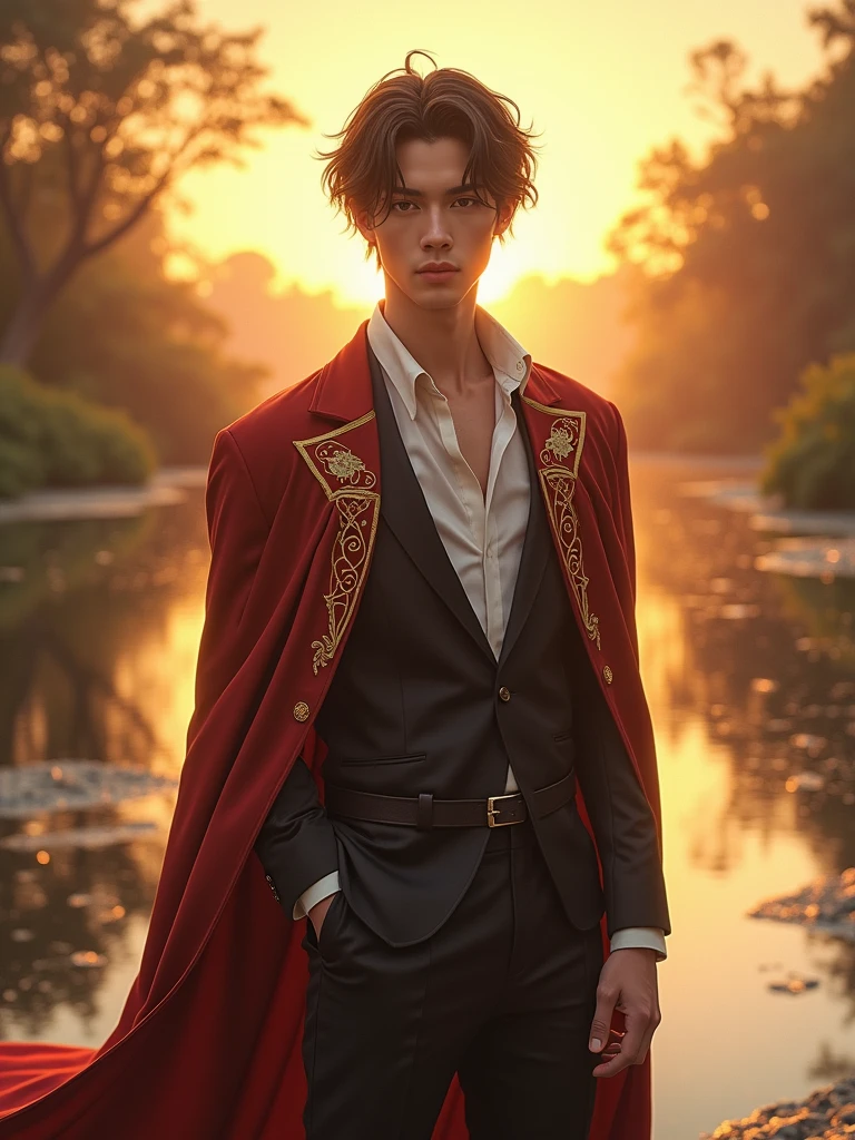 gojo satoru, realistic , candid an full body photo of prince charming,The composition include mythological elements, such as a backdrop of a serene with a golden sunrise and nymphs to frame the scene, ((full body shot)), aesthetic poster
