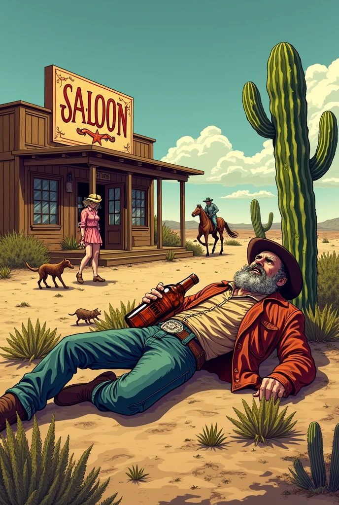 Hyperrealistic color comic 1950s look a drunk cowboy next to a saloon with two large bottles of liquor in his hands lying on top of a cactus in the desert a cowgirl woman helps him in the background a saloon next to him the horse a dog an armadillo and a cowgirl woman who helps him get up in the background a saloon