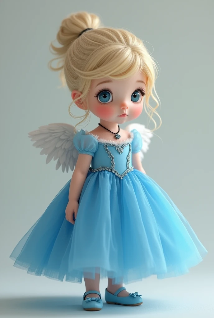  blonde child ue princess dress black necklace and light blue shoes with ballerina hairstyle