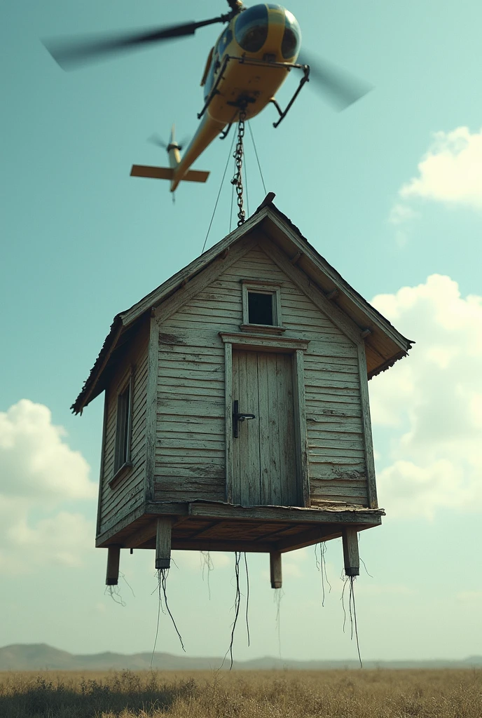 Make a small rickety house hanging from a helicopter, the door of the house is visible in front of the camera