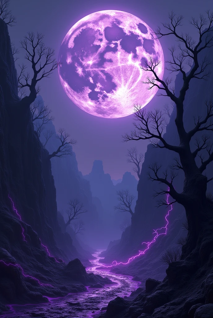 The Moon in a magical and mysterious and scary landscape with purple energy details 