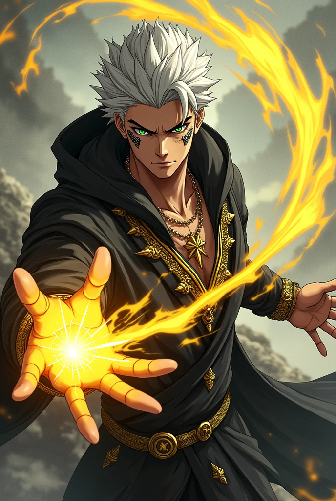 dnd, dungeons and dragons, adult snake man, normal round human ears, serpent, snake guy, sorcerer, slender, acid magic, caustic magic, magic, casting a spell, solo, single person, portrait, action pose, tanned white skin, symmetrical black snake scales on cheeks, tattoo on lip and chin, medium spiky white hair with black streaks, black highlights, black fingernails, green snake eyes, reptile eyes, handsome, male, anime, ornate black robes with hood, black hood, gold jewelry with black gems, noble, rich, yellow magic, slime, goo, ((masterpiece, best quality)), trending artwork
