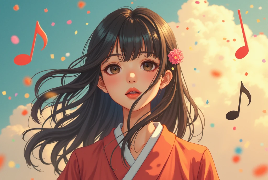 20 year old young Japanese woman, music, musical notes flying in the air, active, fantasy elements, gorgeous, vivid, colorful, gracious, attractive, best quality, high resolution, innovative, realistic.