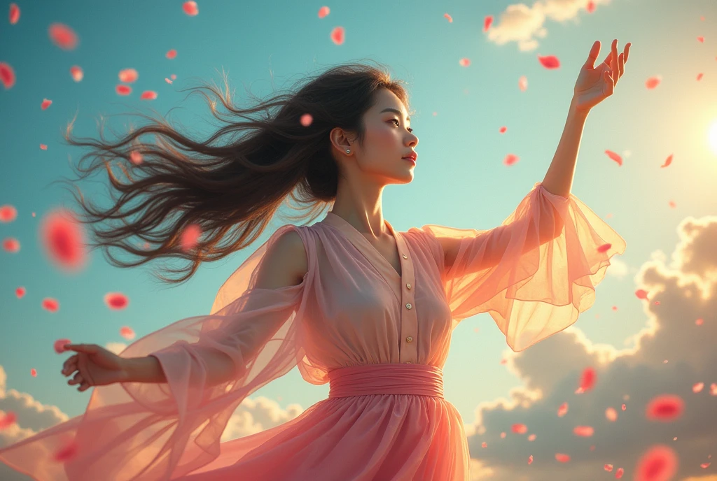 20 year old young Japanese woman, music, musical notes flying in the air, active, fantasy elements, gorgeous, vivid, colorful, gracious, attractive, best quality, high resolution, innovative, realistic.