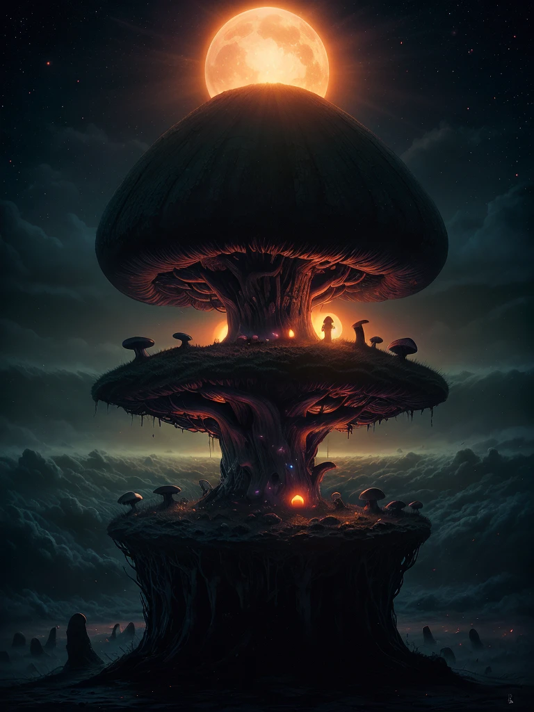 Zdzisław Beksiński style, horror, the night light is now rising, the midnight sun shines majestically beautiful through the night fog, psychedelic starry sky with dreamy mushrooms
