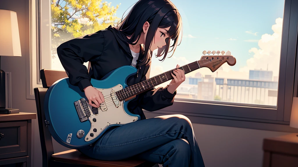 It creates an image of a girl playing an electric guitar, sitting in a chair in profile, in front of the window in her room, quiet atmosphere. Design the body silhouette perfectly. Youth wide pants
