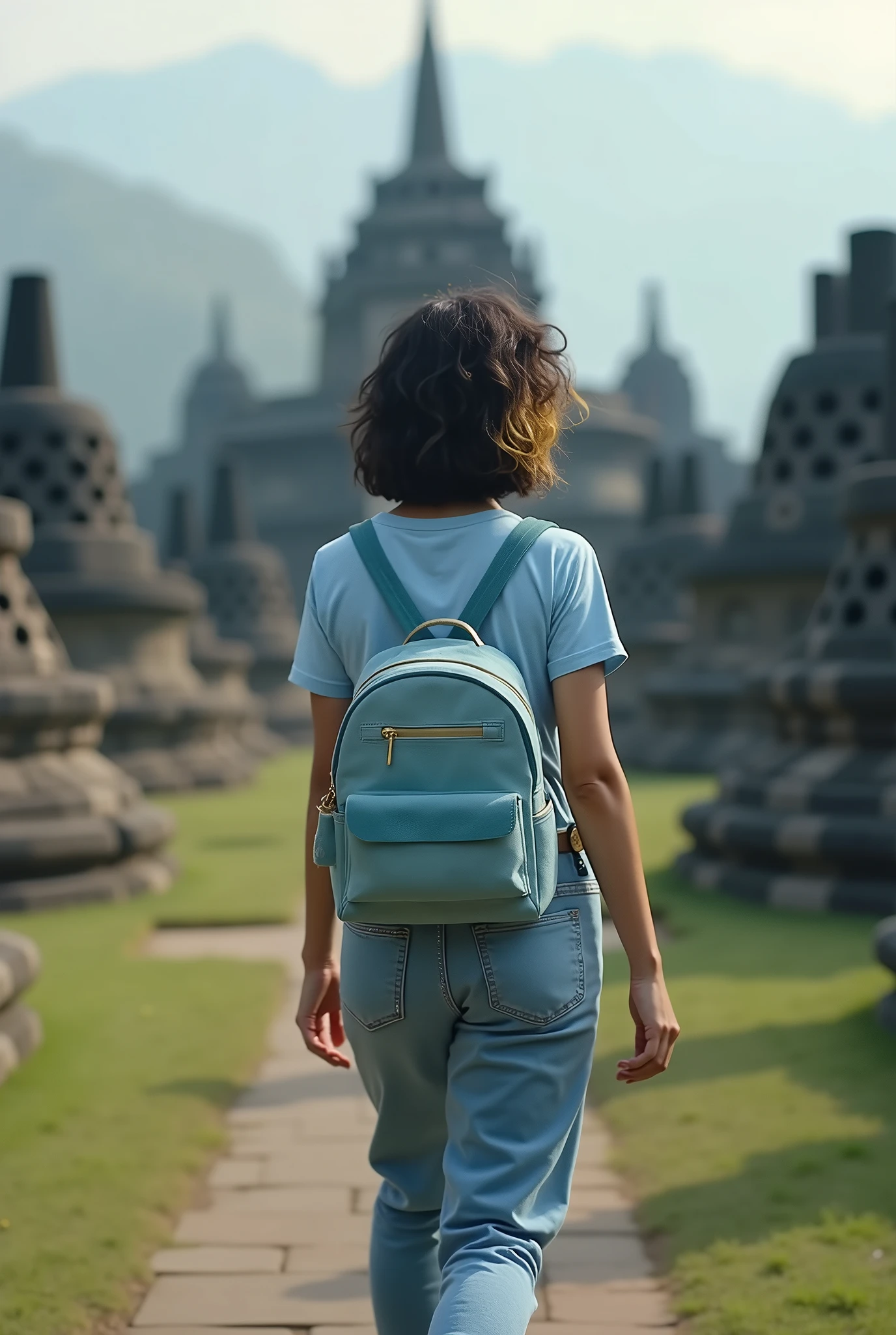 Backside European girl with white skin With her shoulder-length curly hair dyed black hair slightly yellowish, With a light blue small Sleeved with a velvety surface backpack and a light blue short sleeved t-shirt and jeans all over legs and white shoes walking around far from Borobudur tample