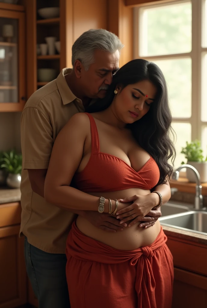 (photorealism:1.2), Beautiful Indian Mature Nude Aunty standing nude in the kitchen facing the Kitchen Window with large Breasts Exposed and a Fat Old Man kisses her shoulder from Behind.