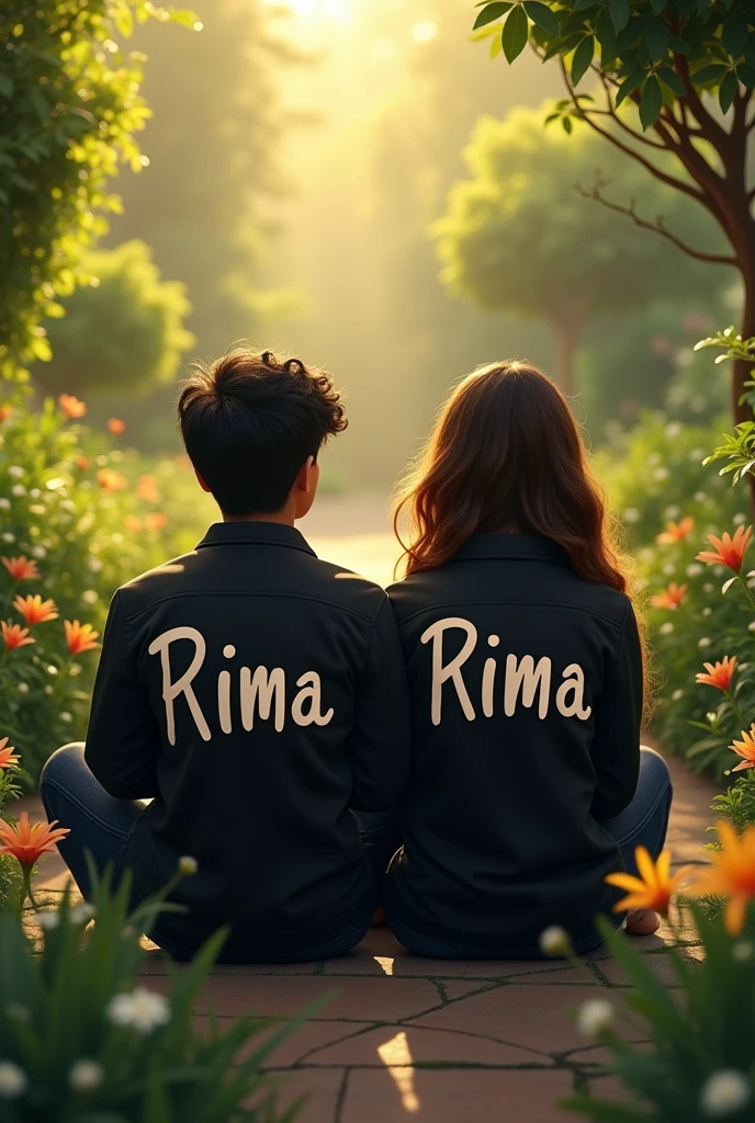 Boy and girl bestfriend, boy name sameer and girl name Rima, both names pic on the black jacket and sitting on garden