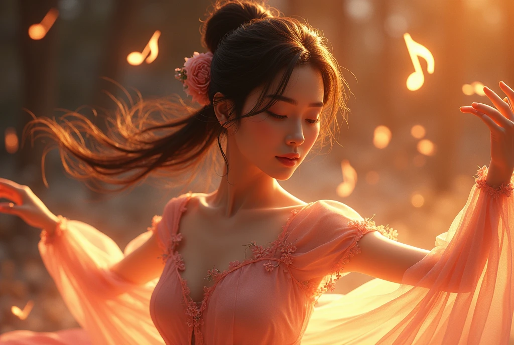 Cinematic 3D render, 8k, extremely detailed, ung Japanese woman, (delicate facial features: 1.3), (luminous skin: 1.2), (cascading hair: 1.2), (graceful dancing pose: 1.5), (shimmering musical notes: 1.3), (vibrant lighting: 1.2), captivating presence, mesmerizing performance, high-quality masterpiece