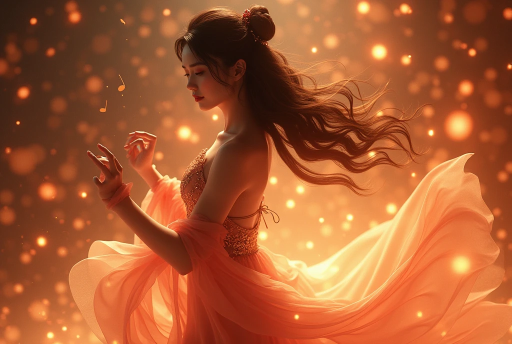 Cinematic 3D render, 8k, extremely detailed, 1 young Japanese woman, (delicate facial features: 1.3), (luminous skin: 1.2), (cascading hair: 1.2), (graceful dancing pose: 1.5), (shimmering musical notes: 1.3), (vibrant lighting: 1.2), captivating presence, mesmerizing performance, high-quality masterpiece