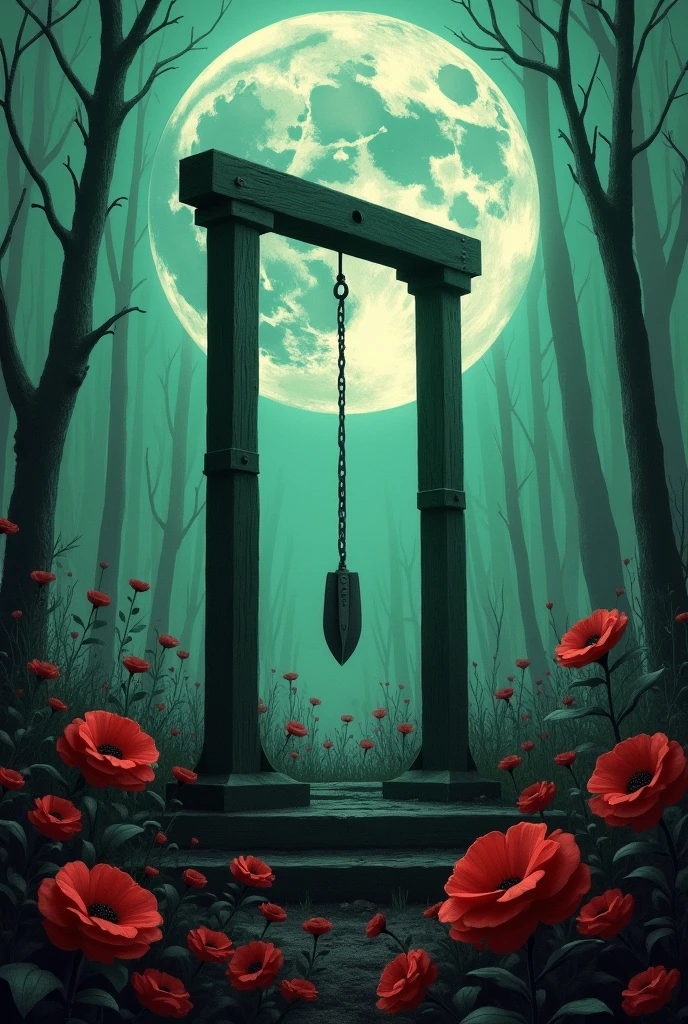 A guillotine with flowers around it and the moon in the background, green and red color palette