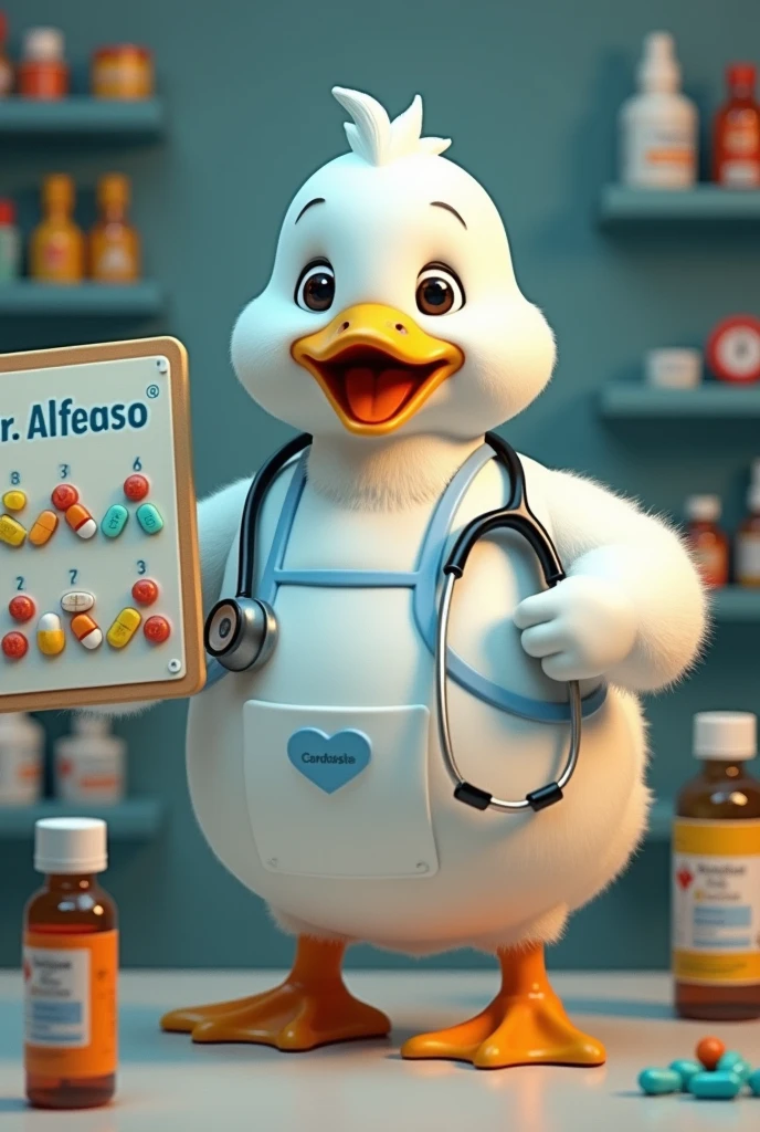 A duck white colour wearing white and blue apron,with stethoscope, hyper realistic, fatty and cute appearance, showing advertisement of drugs , with holding a board showing capsules of gas.
White colour duck , 
Written Dr. Alfanso
Behind board showing different medicines and capsules,tonics.
Dr. Alfanso written on every tonics with name ,
Pain killer and gas capsules .
Dr. Alfanso brand name
