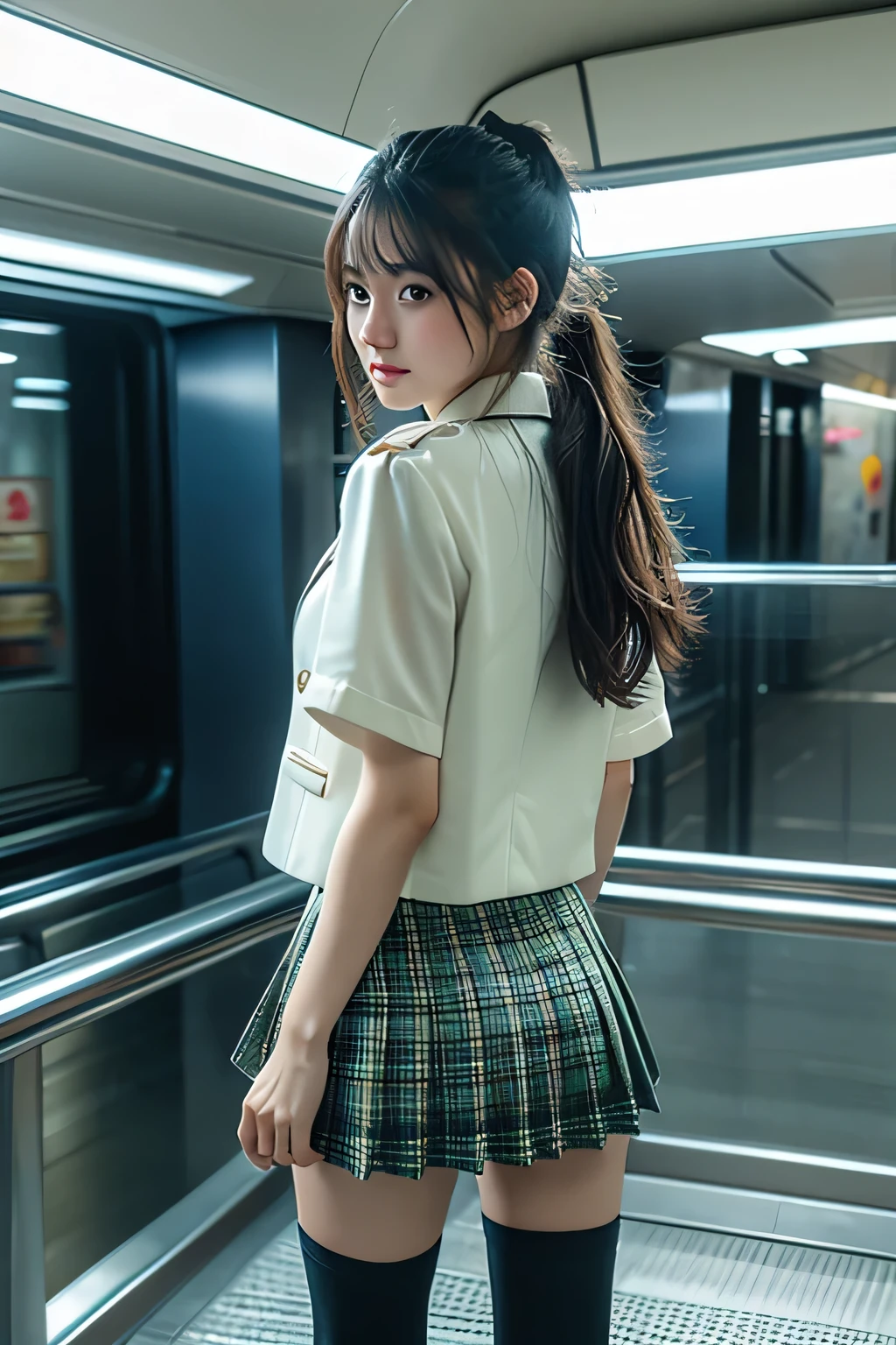 (Highest quality,4K,8k,High resolution,masterpiece:1.2),Very detailed,Portraiture,Detailed Background,Soft lighting,Beautifully illuminated landscape, , Blake High School Girl,skirt,Plaid, Pleats, panties,Light green,See through, Perfect female body,Big Ass, expensive, ponytail, blazer, Black socks, loafers, BREAK another male's hand from out of frame  touching her skirt:1.8, From behind, one hand, Perfect Fingers:1.3, Perfect hands:1.3, Short sleeve, Rear View, station, train, commute, Long escalator