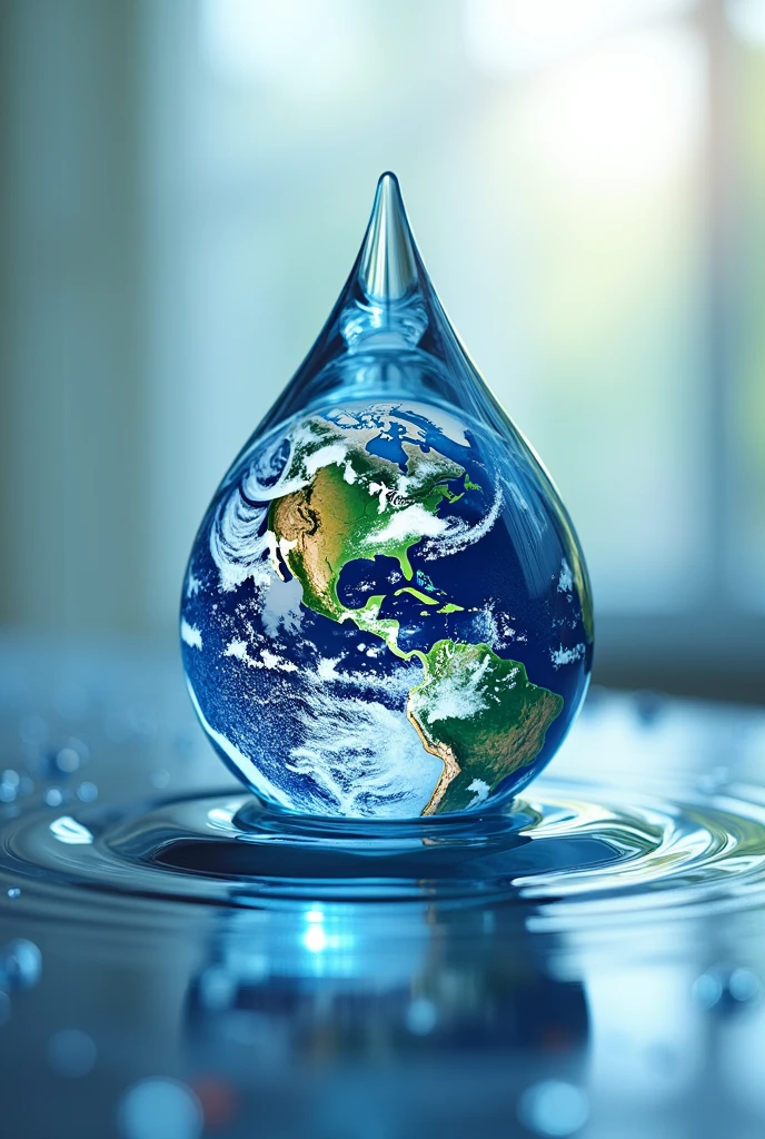 In a drop of water, put the planet Earth with the words Akuavital SAS in the center as if it were a logo and below it says treated drinking water., lively, that does not have green or yellow colors