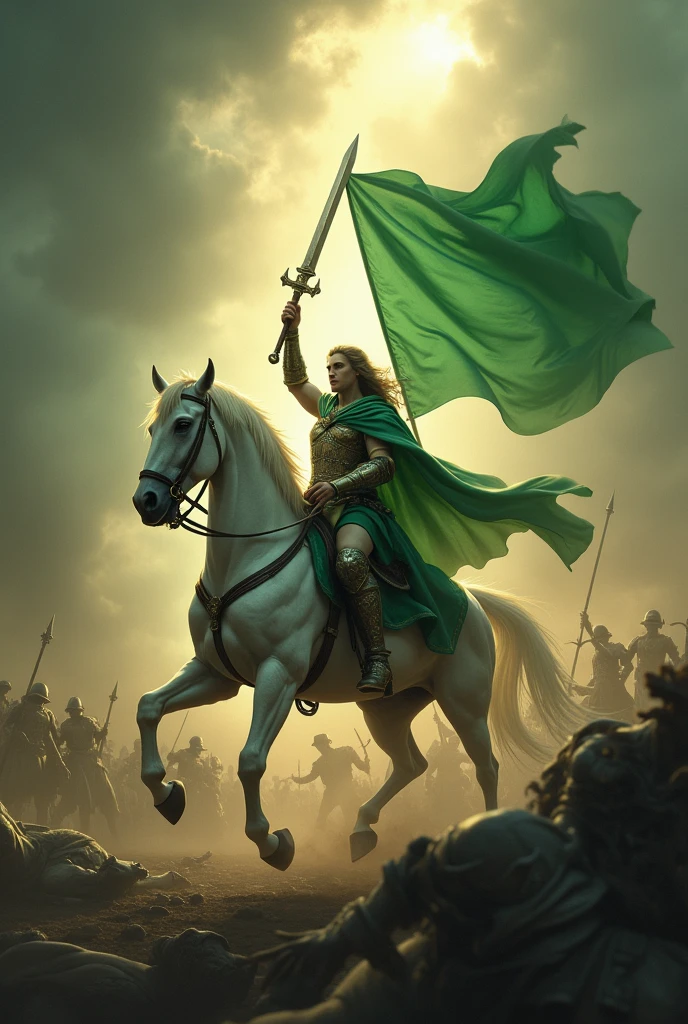 A beautiful and majestic man in green clothes riding on a beautiful and beautiful white horse with a light face and holding a sword and a green banner in his hands, fighting against the vile and ugly people in black clothes. Around them is a chaotic scene of shadowy soldiers shrouded in mist, creating an atmosphere of tension and impending battle. The background is filled with dark clouds and golden light that enhances the sense of drama and fantasy. Half of the people's bodies in the dust, ((smoke)), A lot of smoke, thick smoke, murky scene