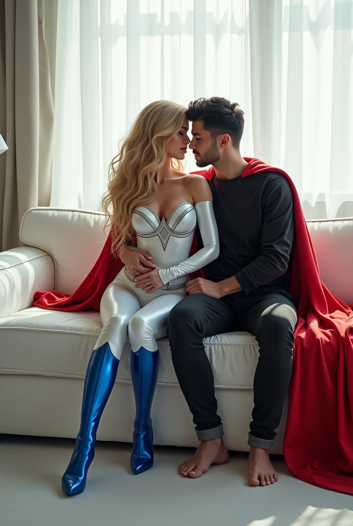 a woman with long blonde hair she has a big red cape and a superhero outfit she has white clothes and blue boots she has big breasts and a big ass she has a man on her side he is hugging her, He is white and younger than her he is 1 he has black hair black sweatshirt they are sitting on a white sofa 