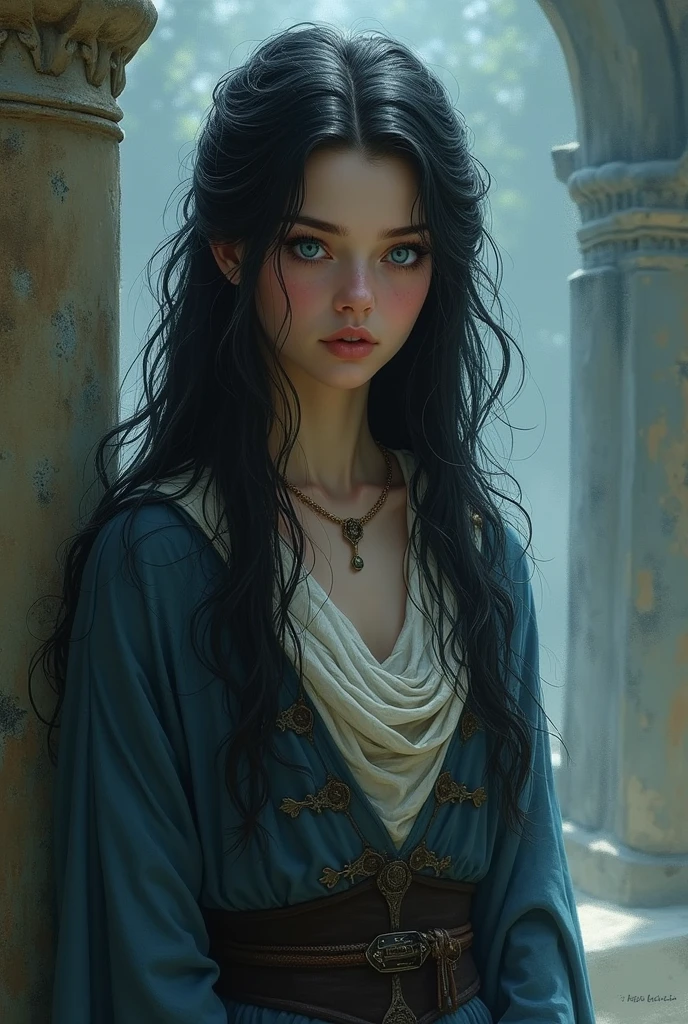 A woman with fine and delicate features, almost angelic, with long, wavy black hair and blue eyes, in medieval RPG style clothing, but modest and not too heavy, her race is Aggelus.
