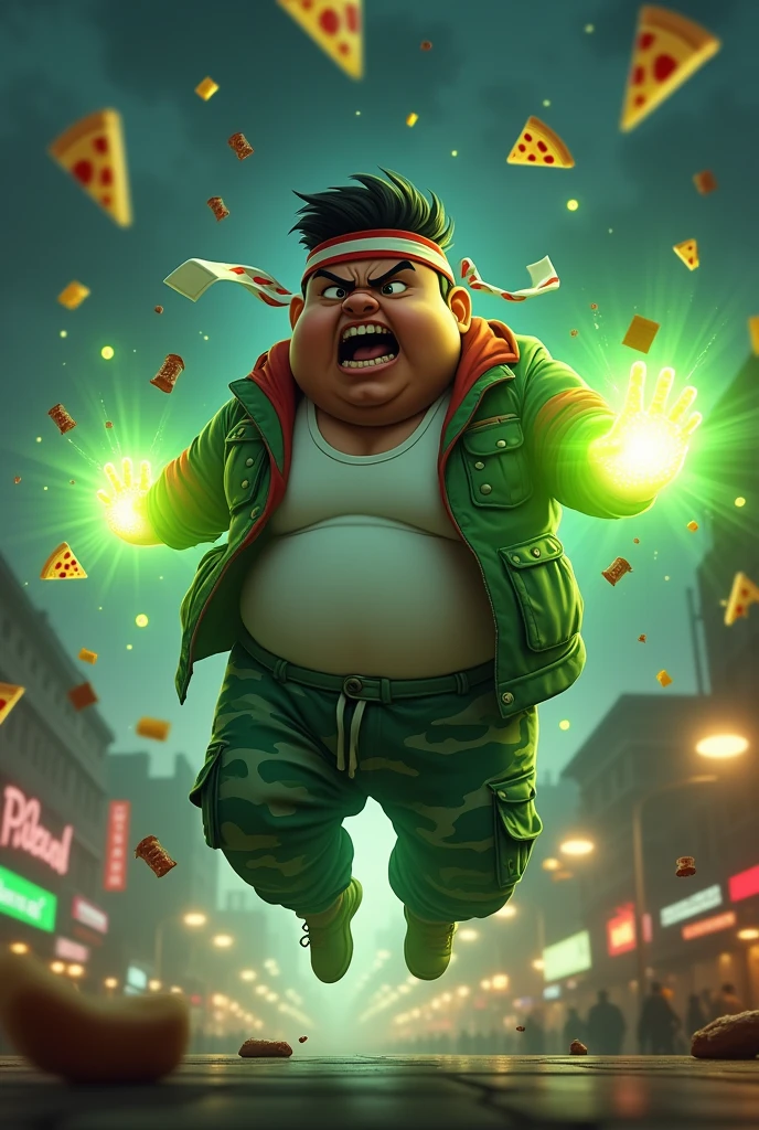 20year old bangladesh man , nepal ( chubby body type. body.) sharp eyes. chubby face. dark skin. man . Anger face. Open mouth. wear headband red whitr. . wearing an (green red stripe jacket) future shirt . anger faces, short hairstyle.wear white singlet.((wear green jacket))("G" logo on the shirt.) l . Dramatic.. at city ,( camouflauge green)cargo pant,, detailed face, cinematic lighting, dramatic atmosphere,.hot day. vibrant colors, 8k, high quality, photorealistic. Hero suit.. ha,army green logo design on pant . Very strong. Future design dress. Very epic. Very hot background.. dark sky. Very strong . . Flying floating glowing pizza, candy. chocolate bar everywhere..Floating small rock small rock glwing green everywhere.have a power turn anything to the food. ))green two finger on both side. upper tilt shift shoot photograpy. jump effect. panning effect. ((glowing green pizza. ))