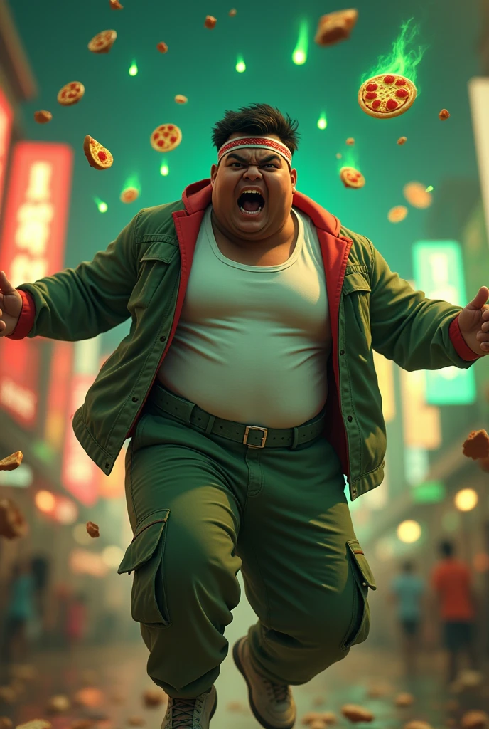 20year old bangladesh man , nepal ( chubby body type. body.) sharp eyes. chubby face. dark skin. man . Anger face. Open mouth. wear headband red whitr. . wearing an (green red stripe jacket) future shirt . anger faces, short hairstyle.wear white singlet.((wear green jacket))("G" logo on the shirt.) l . Dramatic.. at city ,( camouflauge green)cargo pant,, detailed face, cinematic lighting, dramatic atmosphere,.hot day. vibrant colors, 8k, high quality, photorealistic. Hero suit.. ha,army green logo design on pant . Very strong. Future design dress. Very epic. Very hot background.. dark sky. Very strong . . Flying floating glowing pizza, candy. chocolate bar everywhere..Floating small rock small rock glwing green everywhere.have a power turn anything to the food. ))green two finger on both side. upper tilt shift shoot photograpy. jump effect. panning effect. ((glowing green pizza. ))
