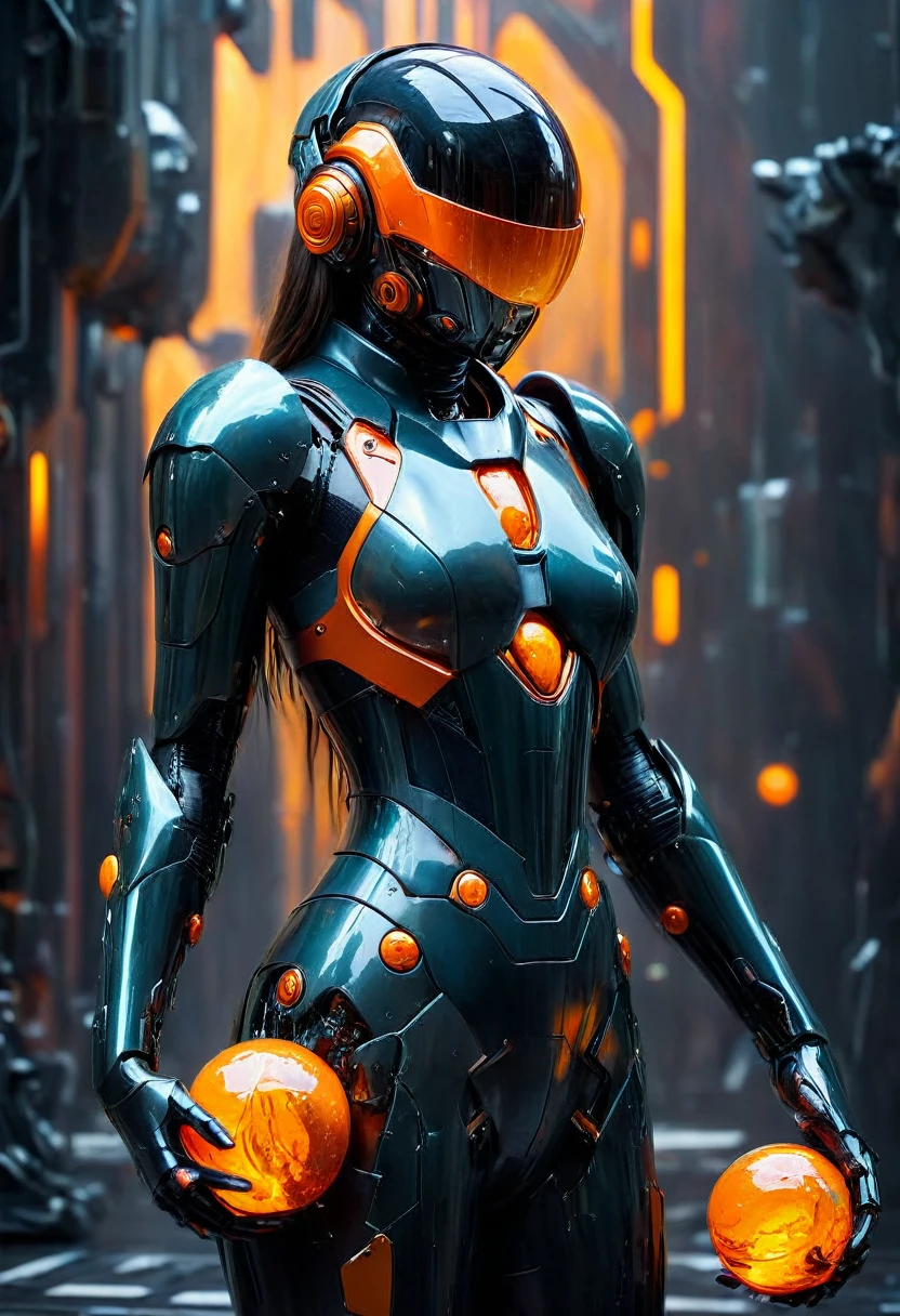 a woman in a futuristic suit with orange balls, oil painting, heavy strokes, paint dripping )) - Unreal Engine 3D; Symbolism; Colourful; Polished; Complex; UHD; D3D; 16K", full color painting of biomechanical cyborg, low contrast, soft cinematic light, exposure blend, hdr, front, centered, symmetry, painted, intricate, volumetric lighting, beautiful, rich deep colors masterpiece, sharp focus, ultra detailed, in the style of dan mumford and marc simonetti, astrophotography