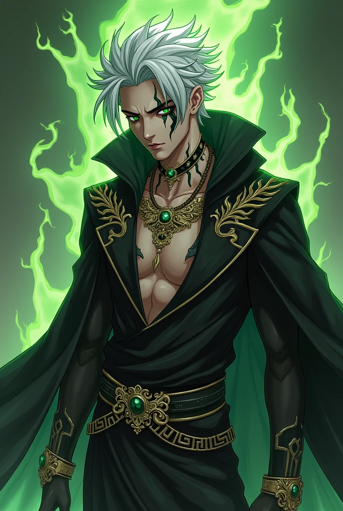 dnd, dungeons and dragons, adult snake man, normal round human ears, serpent, snake guy, sorcerer, slender, acid magic, caustic magic, magic, casting a spell, solo, single person, portrait, action pose, tanned white skin, symmetrical black snake scales on cheeks, tattoo on lip and chin, medium spiky white hair with black streaks, black highlights, black fingernails, green snake eyes, reptile eyes, handsome, male, anime, ornate black robes with hood, black hood, gold jewelry with black gems, noble, rich, putrid magic, slime, goo, ((masterpiece, best quality)), trending artwork