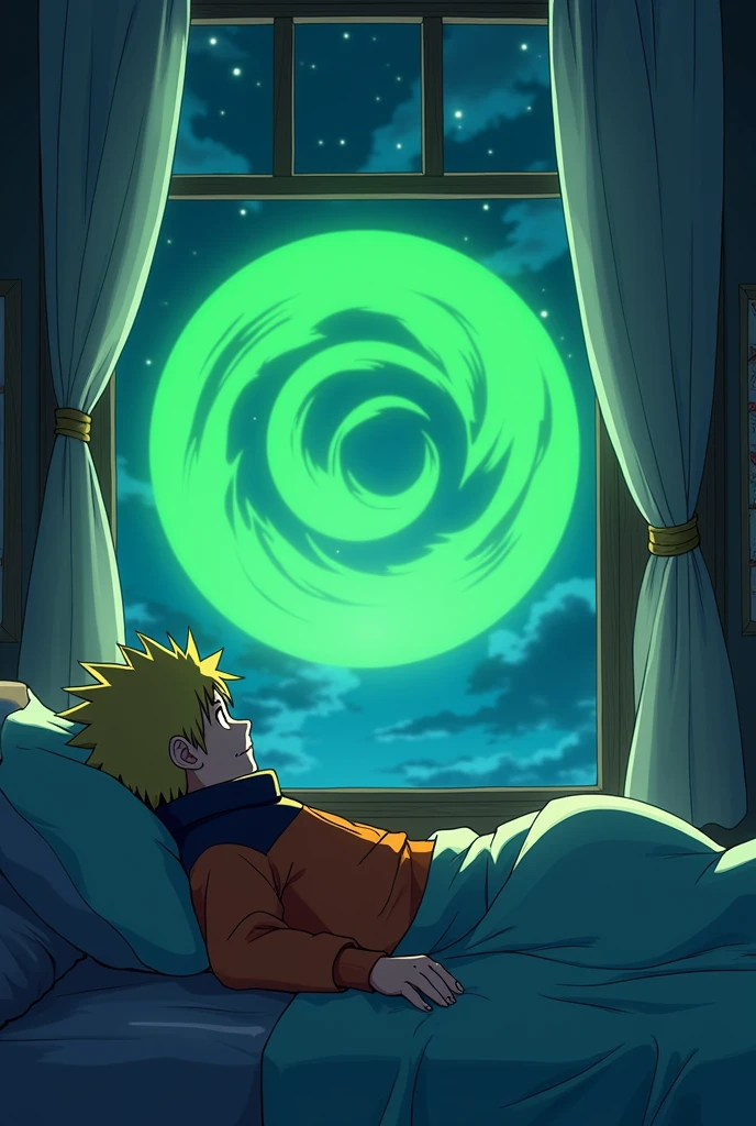 4k anime which naruto stretching on his bed while looking at the green word ABSTRACT through his window at night