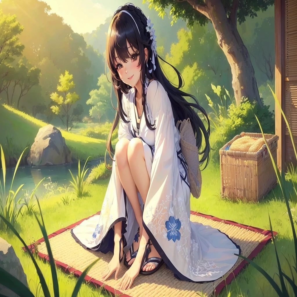 anime girl sitting on a mat in the grass with a basket, anime visual of a cute girl, beautiful anime girl squatting, beautiful anime girl, the anime girl is crouching, beautiful anime style, cute anime waifu in a nice dress, high quality anime artstyle, cute anime girl, young anime girl, beautiful anime artwork, beautiful anime, beautiful anime art style, garota ruiva de biquini preto, colocar a garota usando biquini preto, peitos bonitos, roupa preta, roupa sensual, garota sexy, biquini preto, roupa de banho preto, Cabelo esvoaçante, sorriso sensual, sorisso encantador, peitos grandes, decote sensual, olhos sensuais, 8k