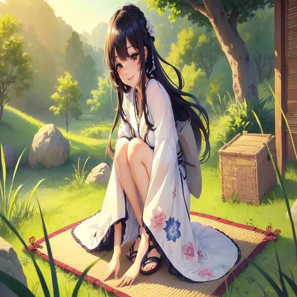 anime girl sitting on a mat in the grass with a basket, anime visual of a cute girl, beautiful anime girl squatting, beautiful anime girl, the anime girl is crouching, beautiful anime style, cute anime waifu in a nice dress, high quality anime artstyle, cute anime girl, young anime girl, beautiful anime artwork, beautiful anime, beautiful anime art style, garota ruiva de biquini preto, colocar a garota usando biquini preto, peitos bonitos, roupa preta, roupa sensual, garota sexy, biquini preto, roupa de banho preto, Cabelo esvoaçante, sorriso sensual, sorisso encantador, peitos grandes, decote sensual, olhos sensuais, 8k