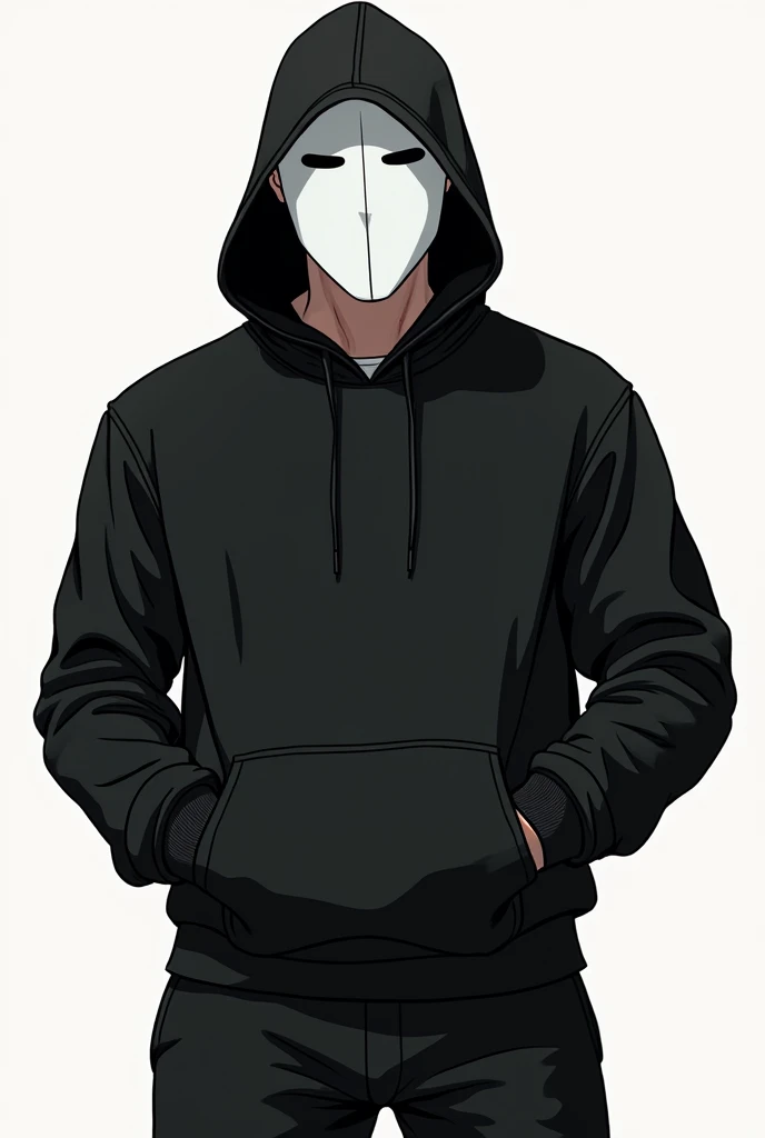 Generate a manhwa style image, of a man dressed in black sports clothes, with the hood of a black sweatshirt and a white mask that completely covers his face, the simple plain mask without any ornaments or details