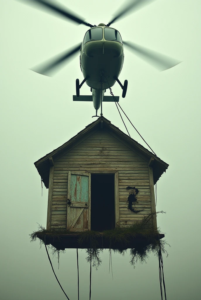 Make a small rickety house hanging from a helicopter, the door of the house looks in front of the camera