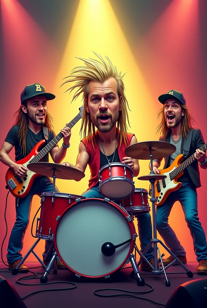 Draw a music band with a drummer playing in the middle with a mullet on the front and somme blond long dreads on his back, a guitarist with a cap on the left and a bass' musician with a cap on the right like in a cartoon.