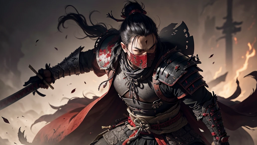 In the shadows of a forsaken kingdom, a blood-soaked samurai warrior stands tall, his katana stained with the crimson essence of his enemies. The image, a stunning digital painting, captures the intensity of the warrior's gaze and the intricate design of his armor, which gleams with a dark, ominous sheen. Every detail, from the menacing mask he wears to the intricate embroidery on his battle-worn garments, oozes with a sense of foreboding power and undeniable skill. This captivating depiction of a dark fantasy blood samurai exudes a sense of raw, primal energy that is sure to leave viewers in awe.