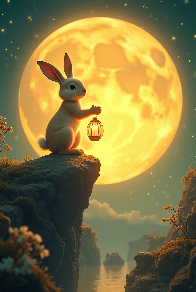 
               A huge yellow full moon with a very cute rabbit holding a lantern standing on it surrealistic, Luminism art aesthetic magical landscape, Intricate Fantasy Detailed Fantasy Art Fantasy Illustration Mystical Illusion Art, Extremely detailed dream scenes, Perfect composition, Intricate details, Detailed digital art 