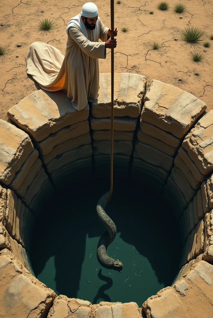 A Muslim man hangs a rope in the middle of the well and a huge snake hangs under the well