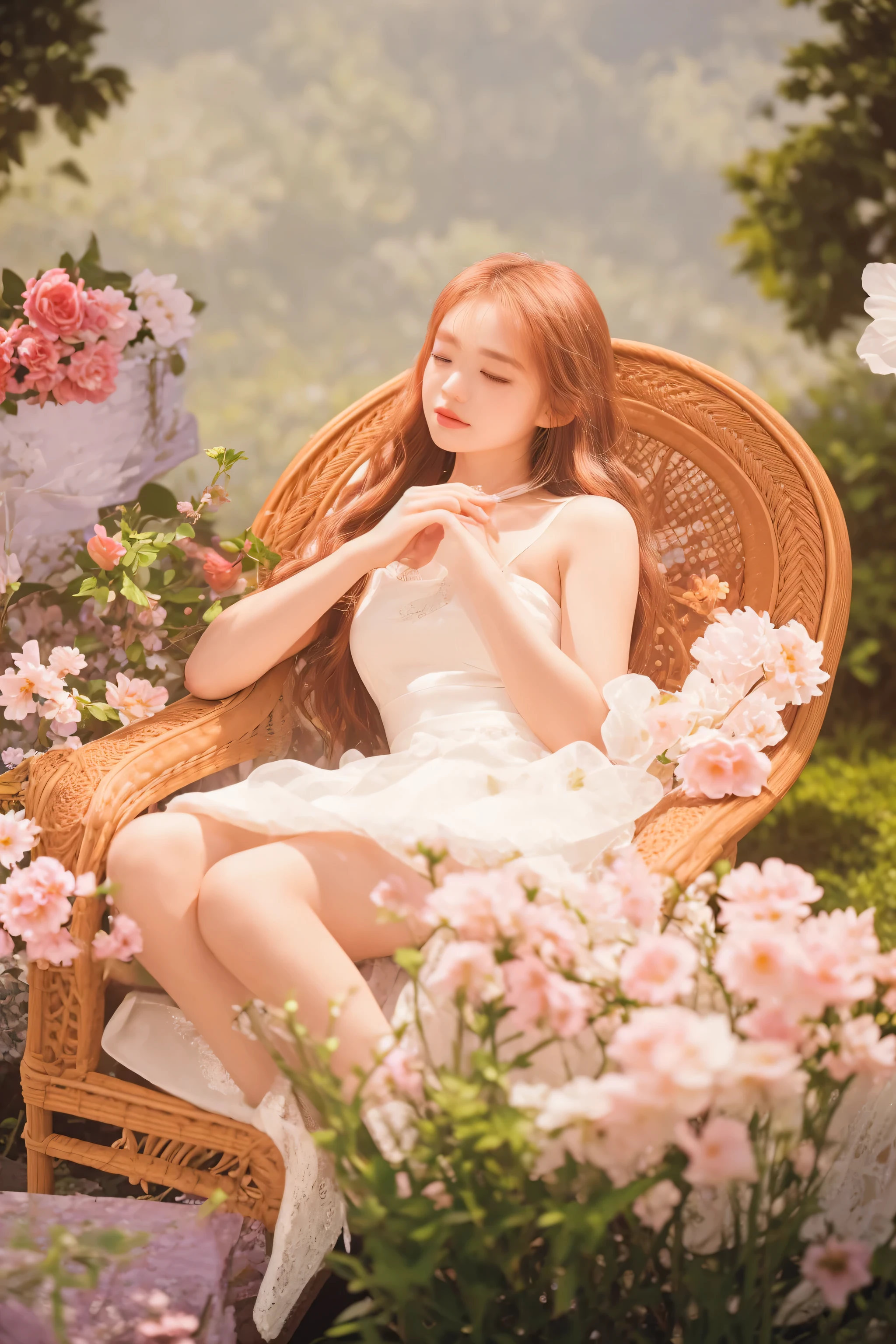 there is a woman sitting in a chair with flowers in the background, sun yunjoo, spring day, sitting with flowers, dreamy scene, jia, dreamy mood, lie on white clouds fairyland, with flowers, dreamy and ethereal, bloom. fantasy, blooming, with frozen flowers around her, lalisa manobal, summer morning, dreamy atmosphere, cyarine
