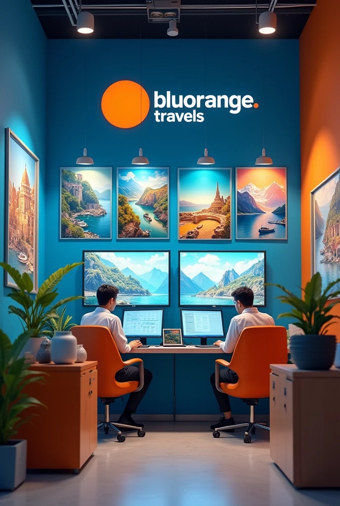 Write company name on the walls of office'' BLUORANGE TRAVELS'' make sure its ''BLUORANGE'' not a blueorange and traveling posters al over the office in Pakistan with more blue and less orange color in tha office