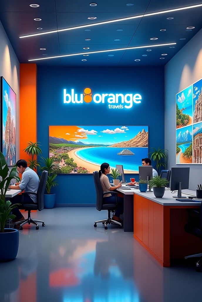 Write company name on the walls of office'' BLUORANGE TRAVELS'' make sure its ''BLUORANGE'' not a blueorange and traveling posters al over the office in Pakistan with more blue and less orange color in tha office 