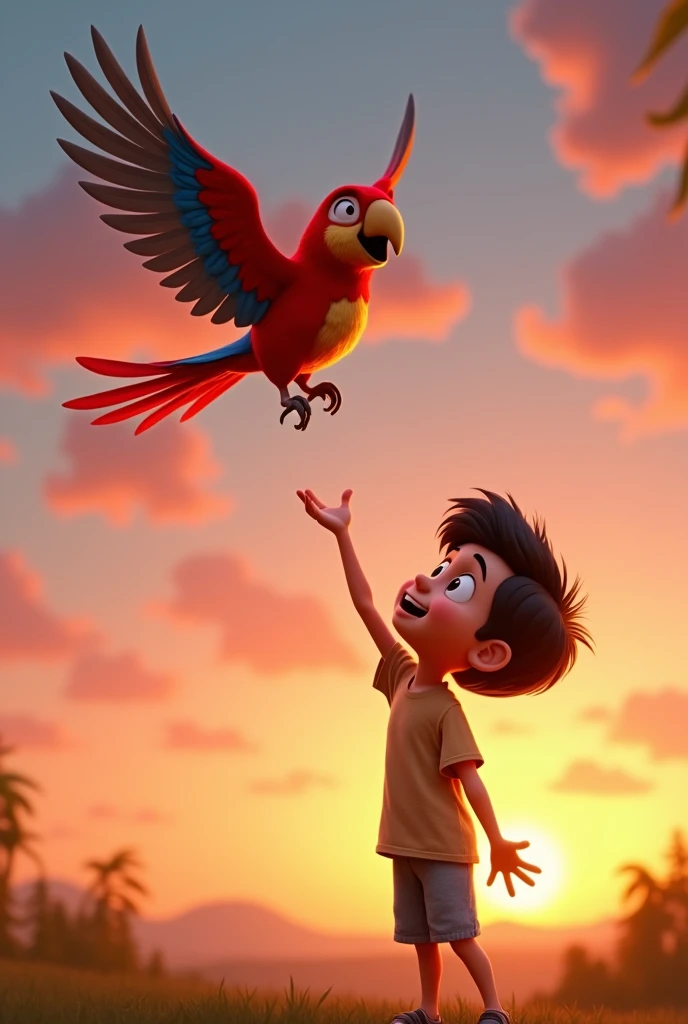  3d cartoon  images 

The boy tosses the parrot gently into the air, and the parrot takes flight. The sky is a mix of orange and pink hues as the sun begins to set. The parrot’s wings are spread wide, soaring towards the sky, while the boy watches with a mix of sadness and pride.