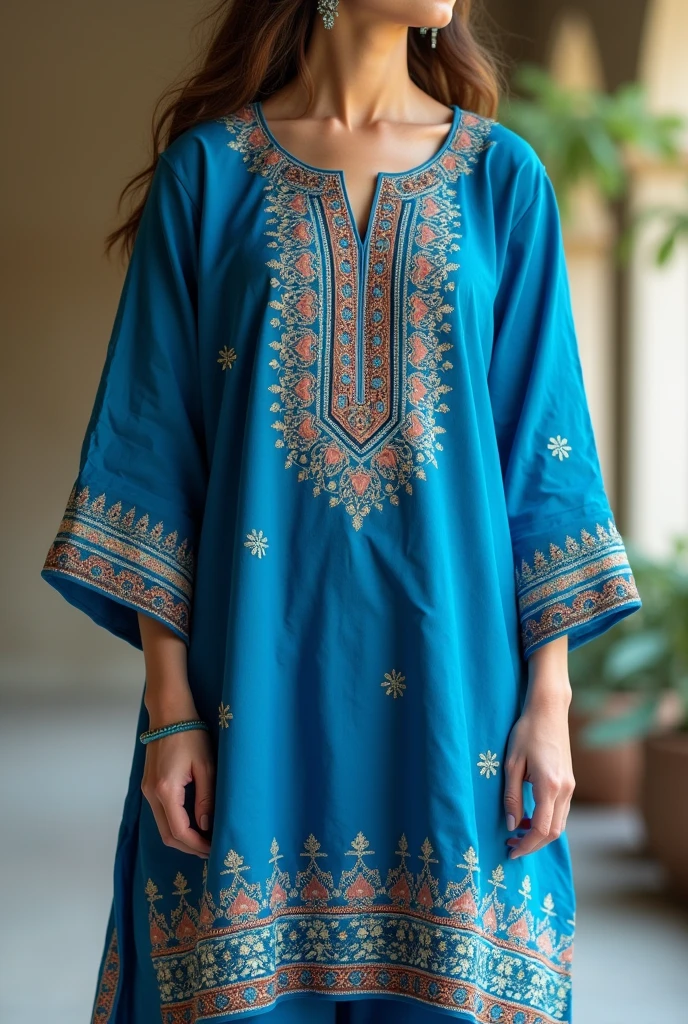 Make a short kamiz pakistani design with ambrodari work with blue colour combination. Front side with boho style