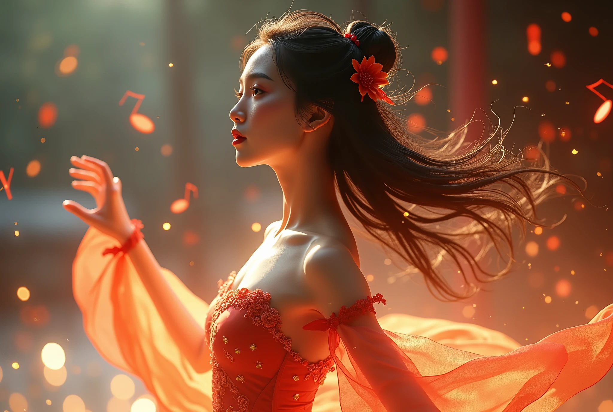 Cinematic 3D render, 8k, extremely detailed, ung Japanese woman, (delicate facial features: 1.3), (luminous skin: 1.2), (cascading hair: 1.2), (graceful dancing pose: 1.5), (shimmering musical notes: 1.3), (vibrant lighting: 1.2), captivating presence, mesmerizing performance, high-quality masterpiece