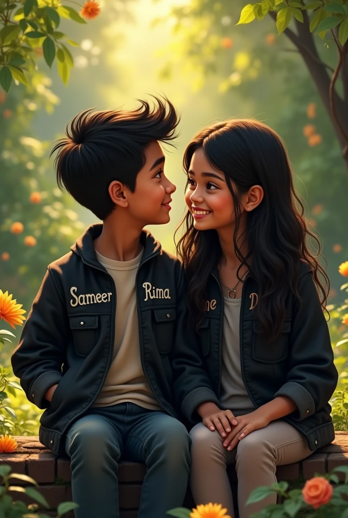 Boy and girl bestfriend, boy name sameer and girl name Rima, both names pic on the black jacket and sitting on garden Sameer boy and Rima girl