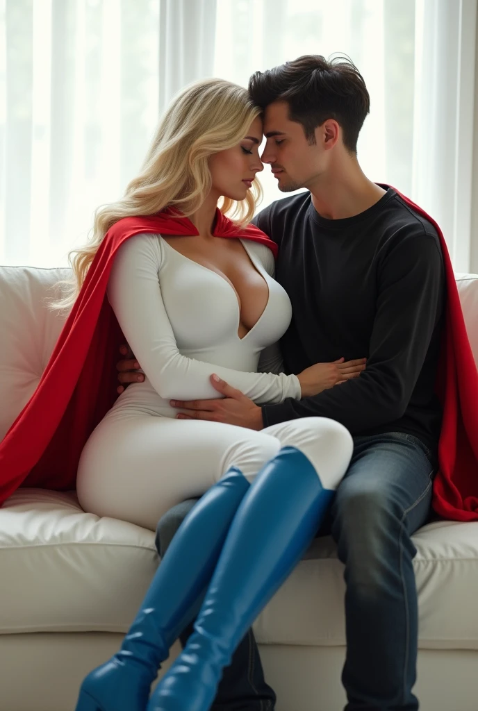 a woman with long blonde hair she has a big red cape and a superhero outfit she has white clothes and blue boots she has big breasts and a big ass she has a man on her side he is hugging her, He is white and younger than her, he is 1, he has black hair, a black sweatshirt, they are sitting on a white sofa, he has no beard