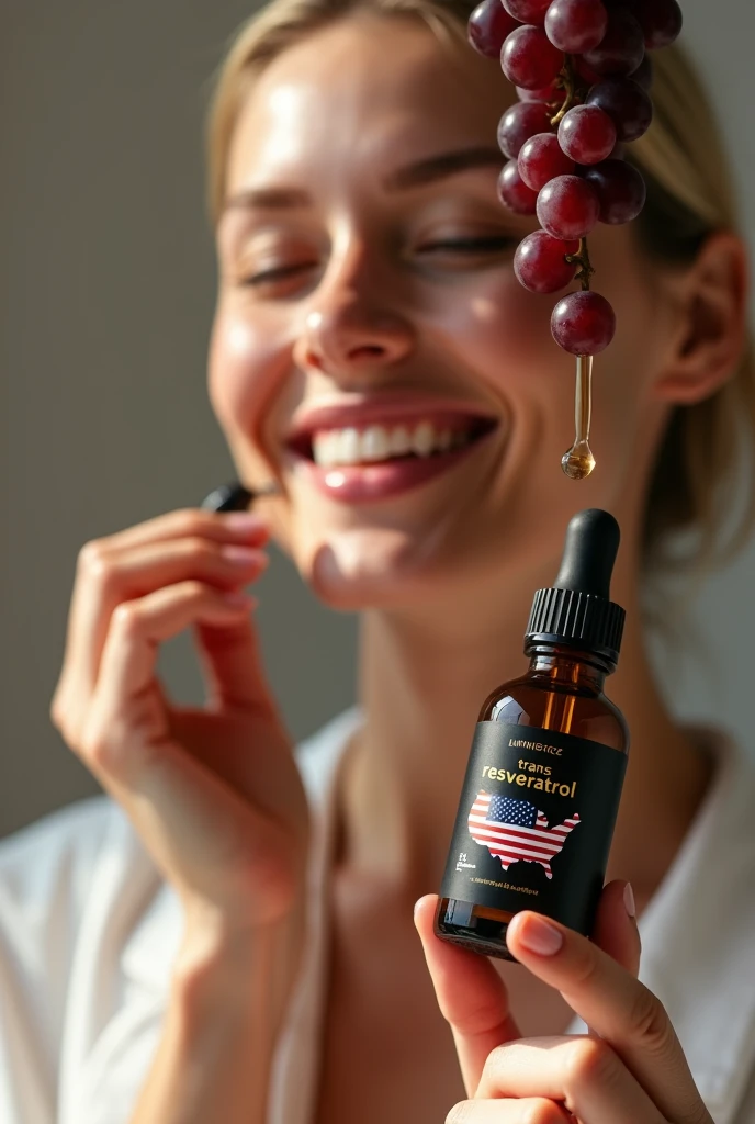 A woman with a happy face , doing your skin care,  in the scene there are grapes falling on her face, with a close-up capturing the translucent smoked dropper bottle with black label and gold letters reading trans resveratrol, the label contains the outline of the US map filled with the US flag 