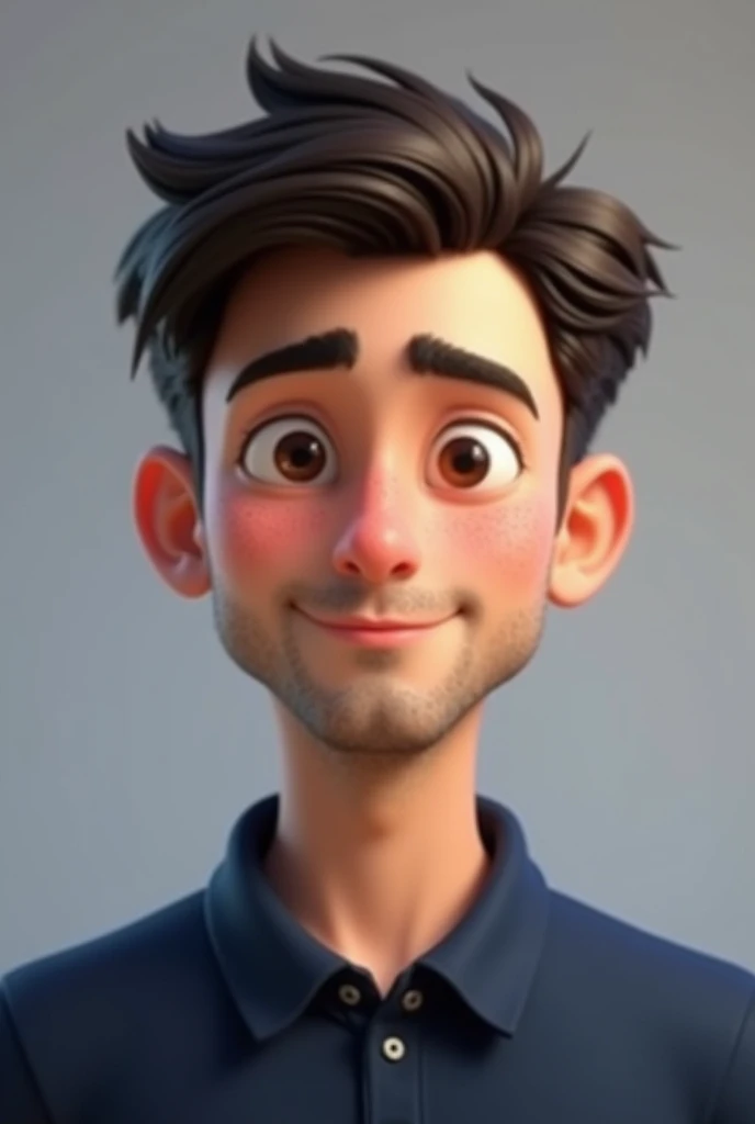 Create a Pixar-style avatar of a young adult (20 year) male, Oval shaped face. shorth hair, liso e dark brown in color, with a simple cut. skin fair.
Medium-sized eyes, dark brown in color, with a neutral expression.
Light and short beard, Medium-sized nose in proportion to the face.
Medium Thickness Lips, with a relaxed expression.
Wearing a navy blue polo shirt.
The avatar must be facing forward, looking directly at the camera.
The expression should be neutral and calm..
The background should be simple and without details., with uniform lighting that highlights the face and upper body.
The avatar must have a realistic appearance, balancing photorealism with digital style.