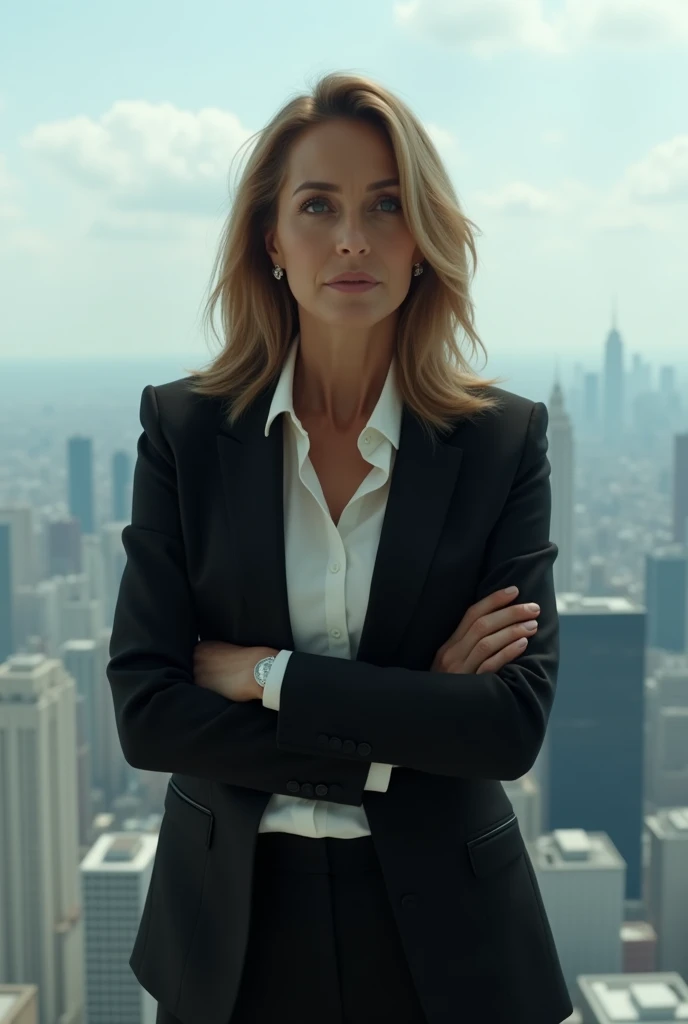 Create an image of a sophisticated middle-aged woman in a sleek business suit, standing in a high-rise office with panoramic city views. She should have an expression of deep thought and concern, reflecting her intuition and anxiety about her husband's fidelity. Her posture should be confident yet slightly tense, capturing her inner turmoil.